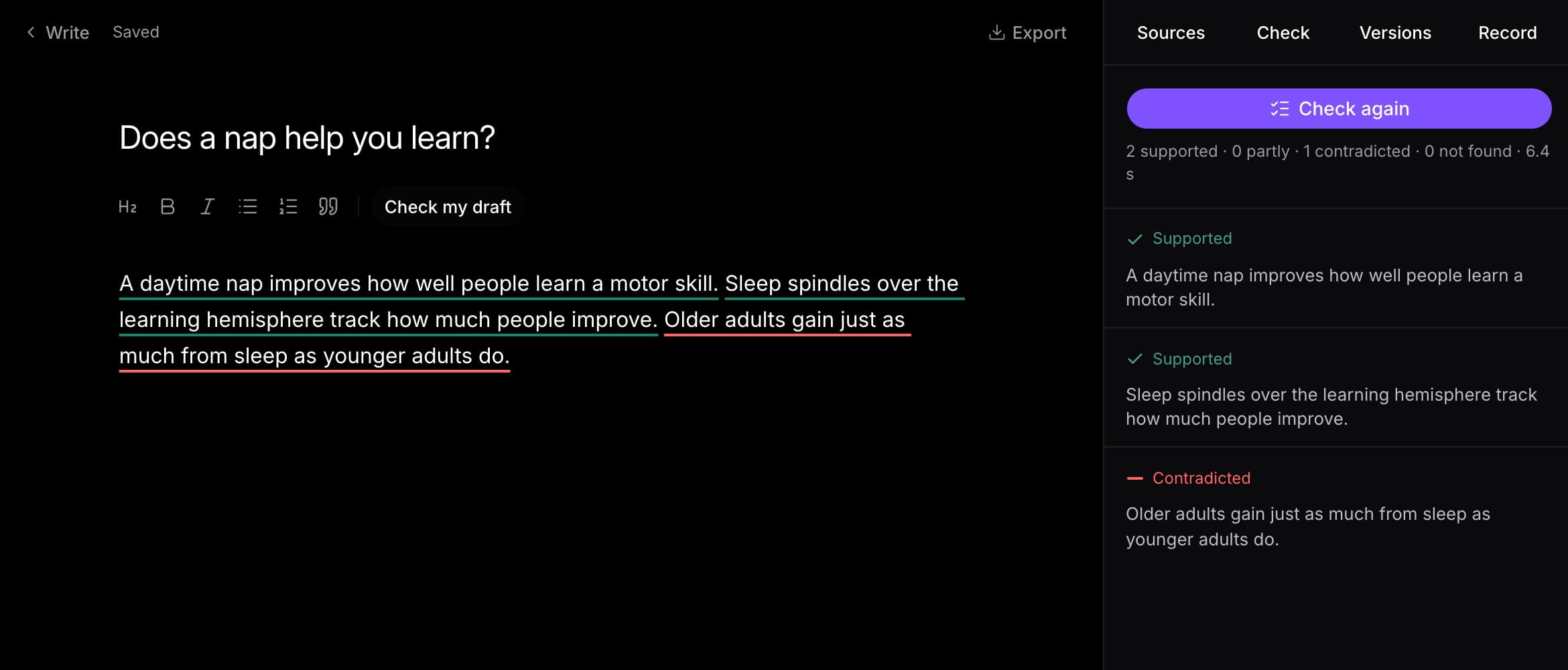 A note checked against its sources: two claims supported, and one, that older adults gain as much from sleep, contradicted.
